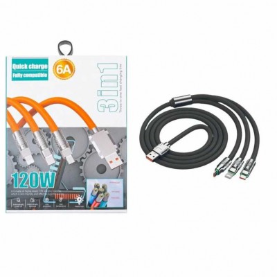 Кабель USB 3 в 1 (Lightning + MicroUSB + Type-C) 6A, 1 м Черный